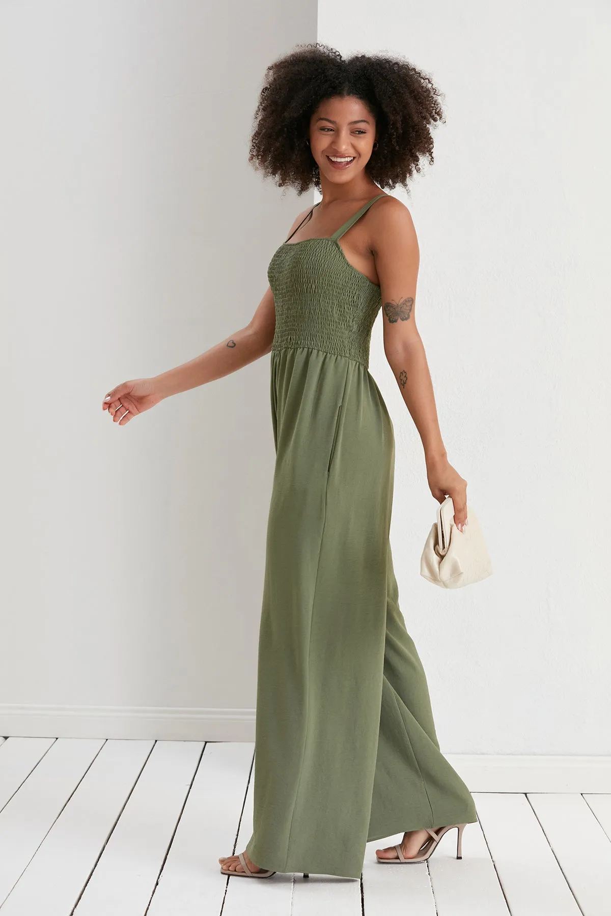 Effortless Wide Leg Cami Jumpsuit in Khaki