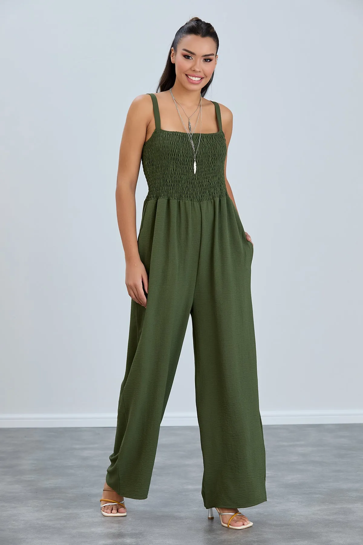 Effortless Wide Leg Cami Jumpsuit in Khaki