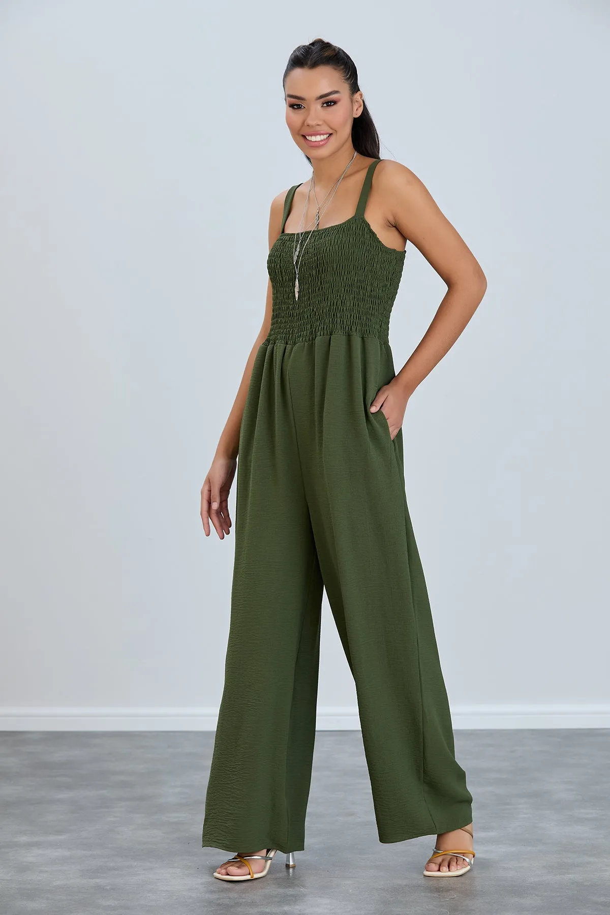 Effortless Wide Leg Cami Jumpsuit in Khaki