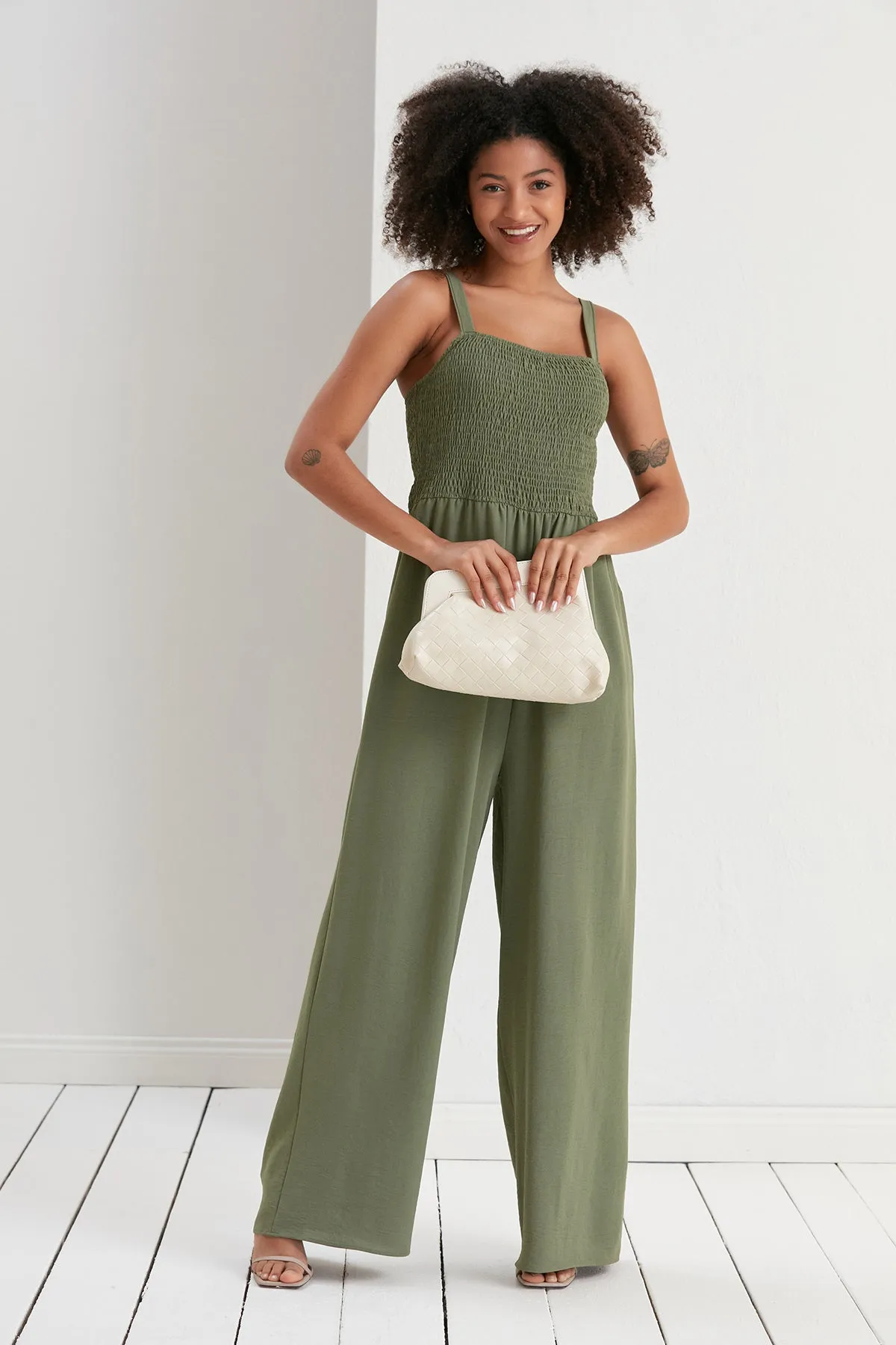 Effortless Wide Leg Cami Jumpsuit in Khaki