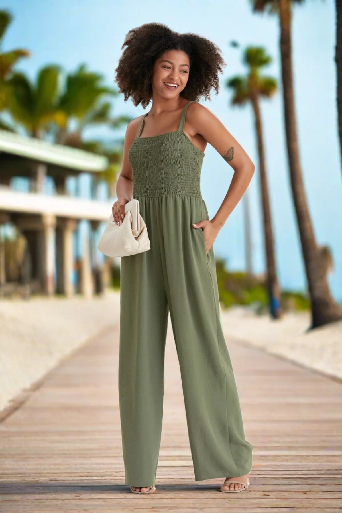 Effortless Wide Leg Cami Jumpsuit in Khaki