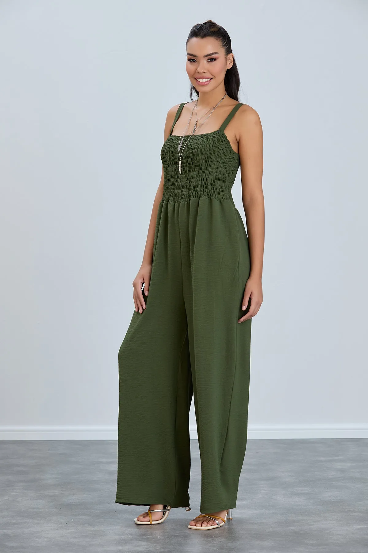 Effortless Wide Leg Cami Jumpsuit in Khaki
