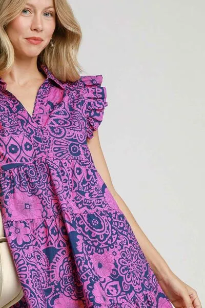 Floral Melody Ruffle Sleeve Babydoll Dress in Navy Pink