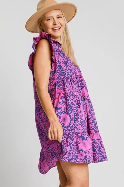 Floral Melody Ruffle Sleeve Babydoll Dress in Navy Pink