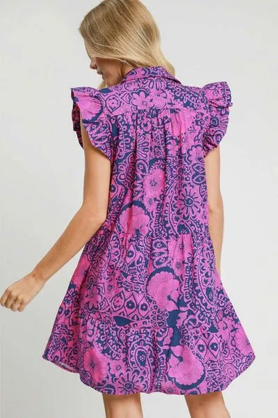 Floral Melody Ruffle Sleeve Babydoll Dress in Navy Pink