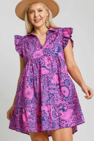 Floral Melody Ruffle Sleeve Babydoll Dress in Navy Pink