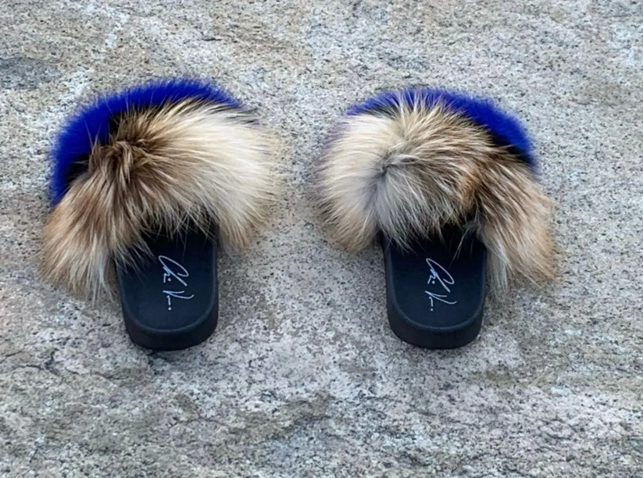 Fur Slides- Blue Black and Brown