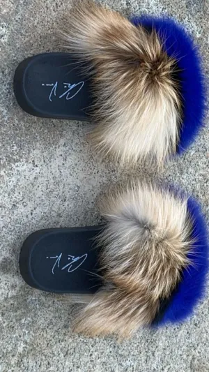 Fur Slides- Blue Black and Brown
