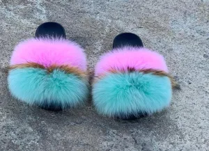 Fur Slides- Mint Brown and Pink