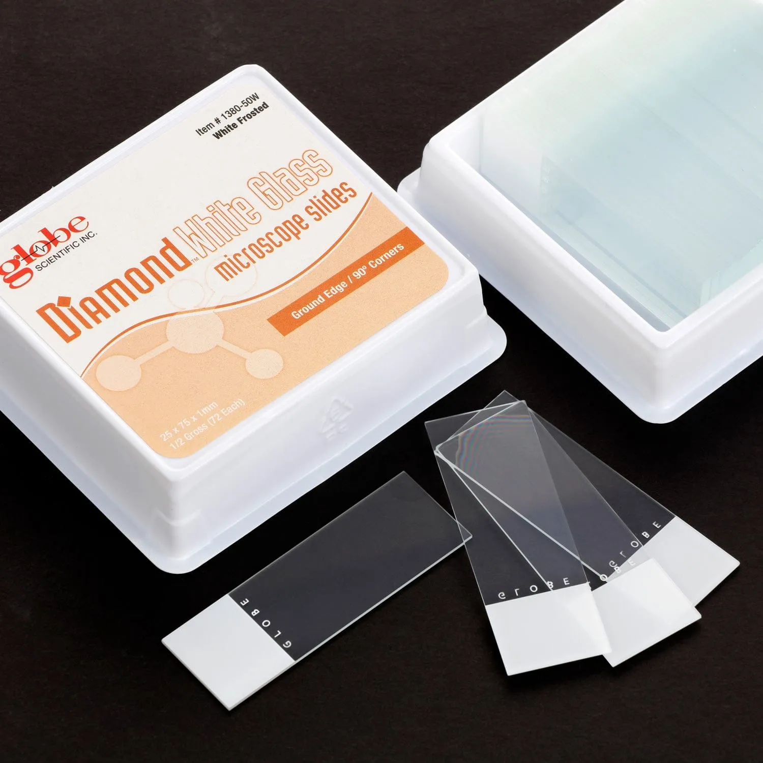 Globe Scientific 72pc Diamond® Frosted White Glass Ground Edge Slides with 90° Corners