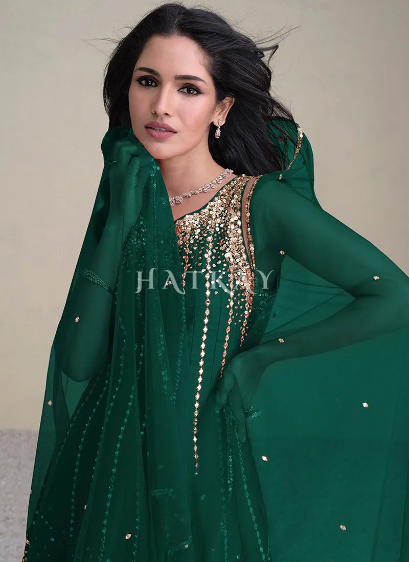 Green Golden Sequins Embroidered Anarkali Pant Style Suit