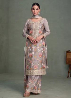 Grey Floral Embroidery Palazzo Suit