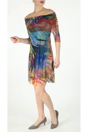 IBIZA Off Shoulder Above Knee 3/4 Sleeve Print Mesh Dress