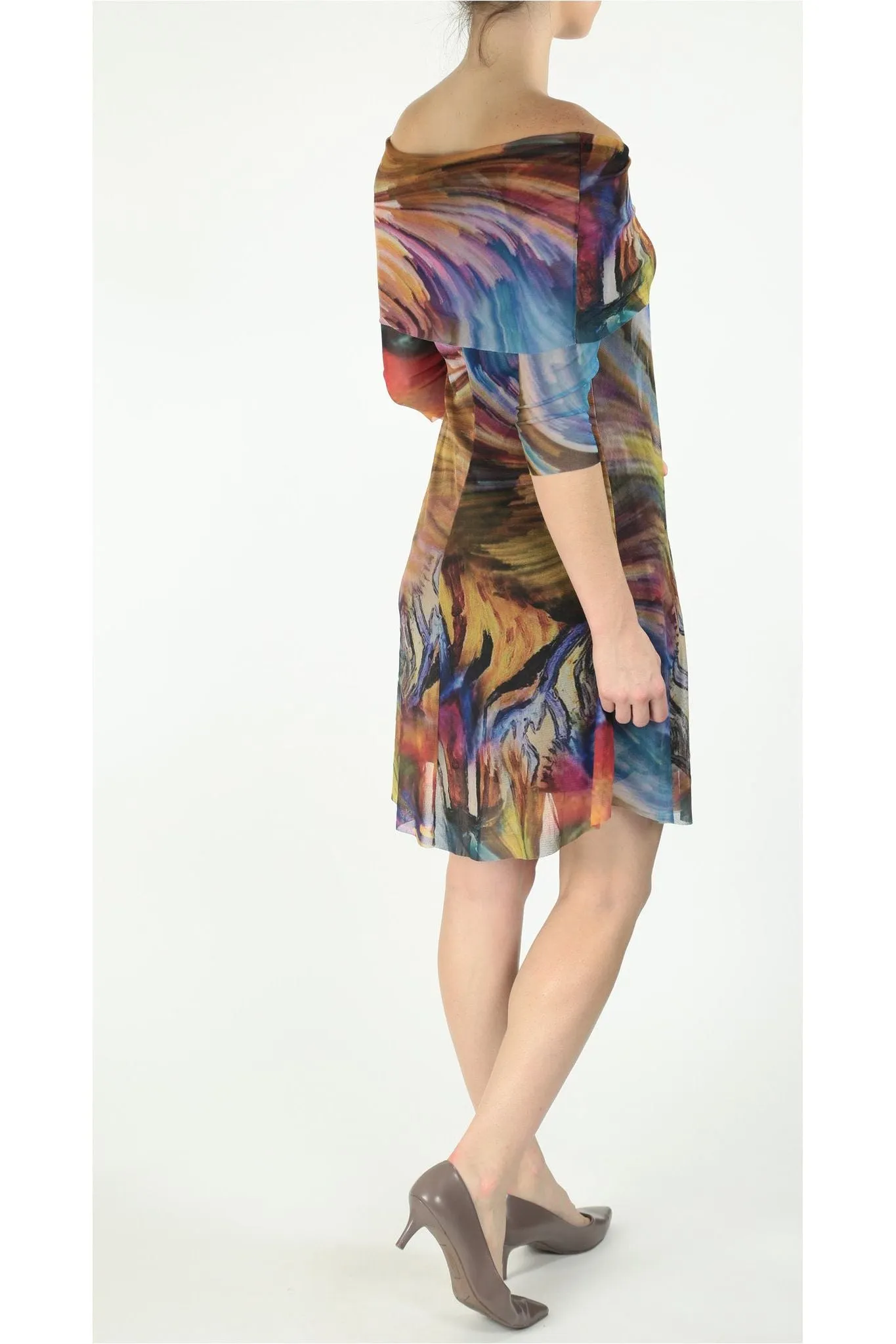 IBIZA Off Shoulder Above Knee 3/4 Sleeve Print Mesh Dress