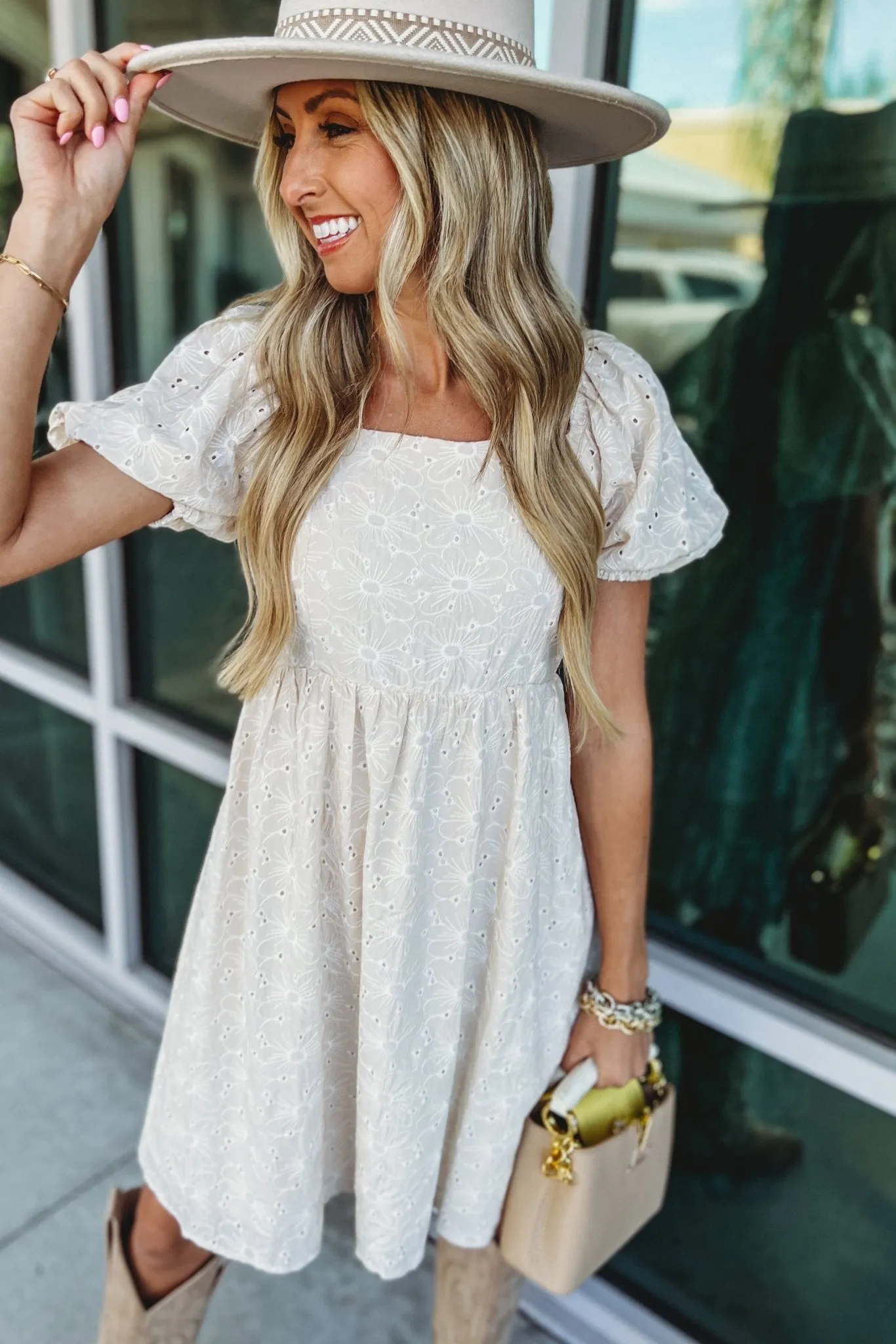 Ivory Meadow Eyelet Puff Sleeve Dress
