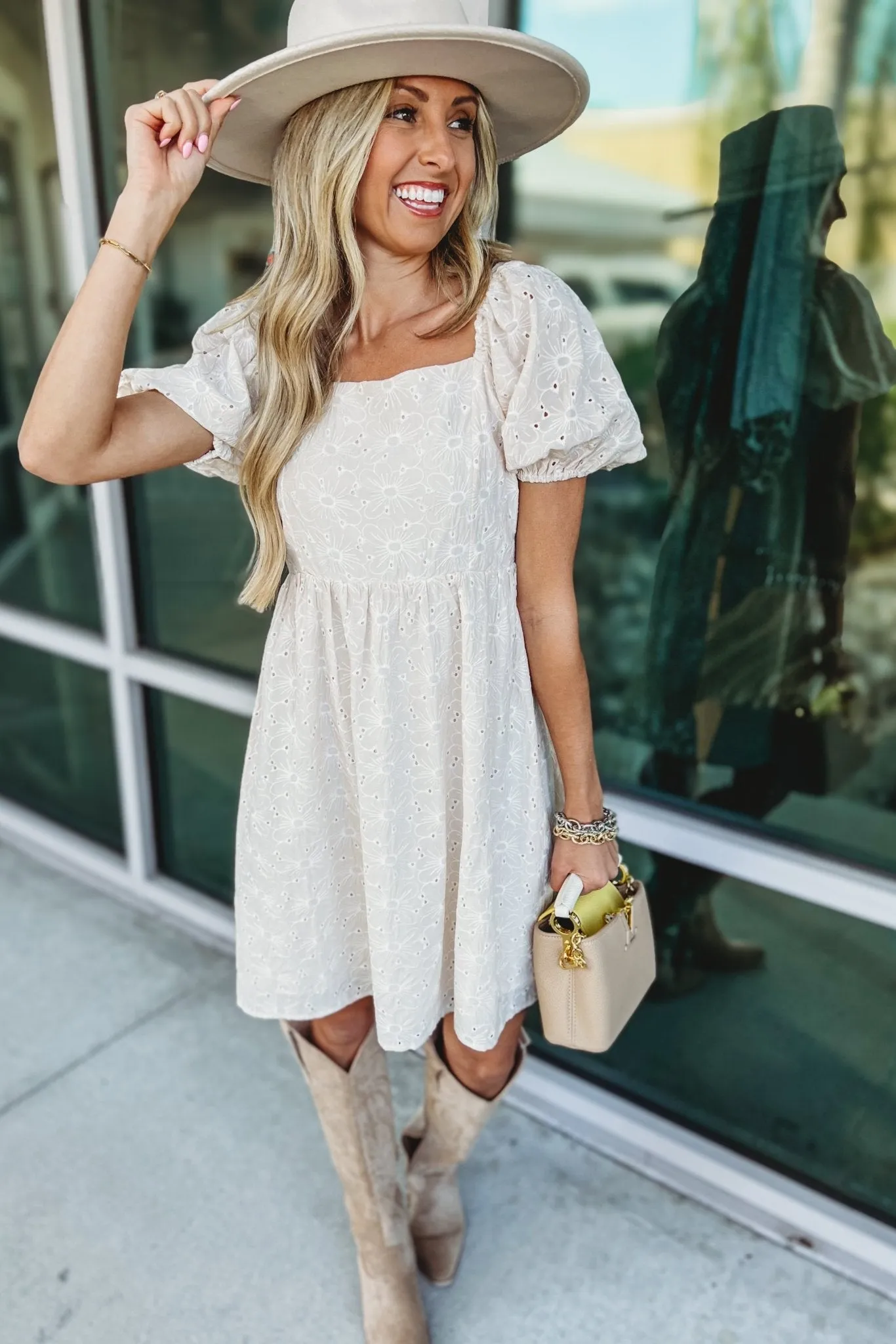 Ivory Meadow Eyelet Puff Sleeve Dress