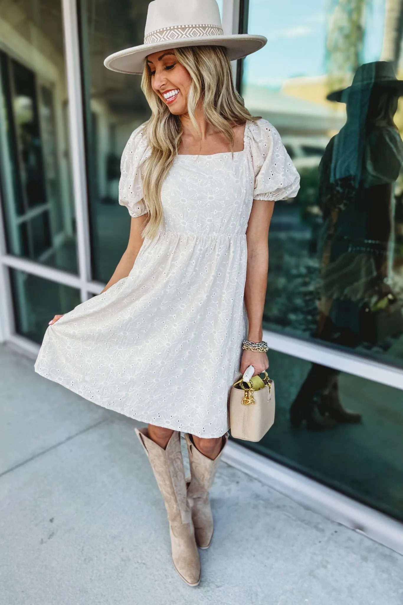 Ivory Meadow Eyelet Puff Sleeve Dress