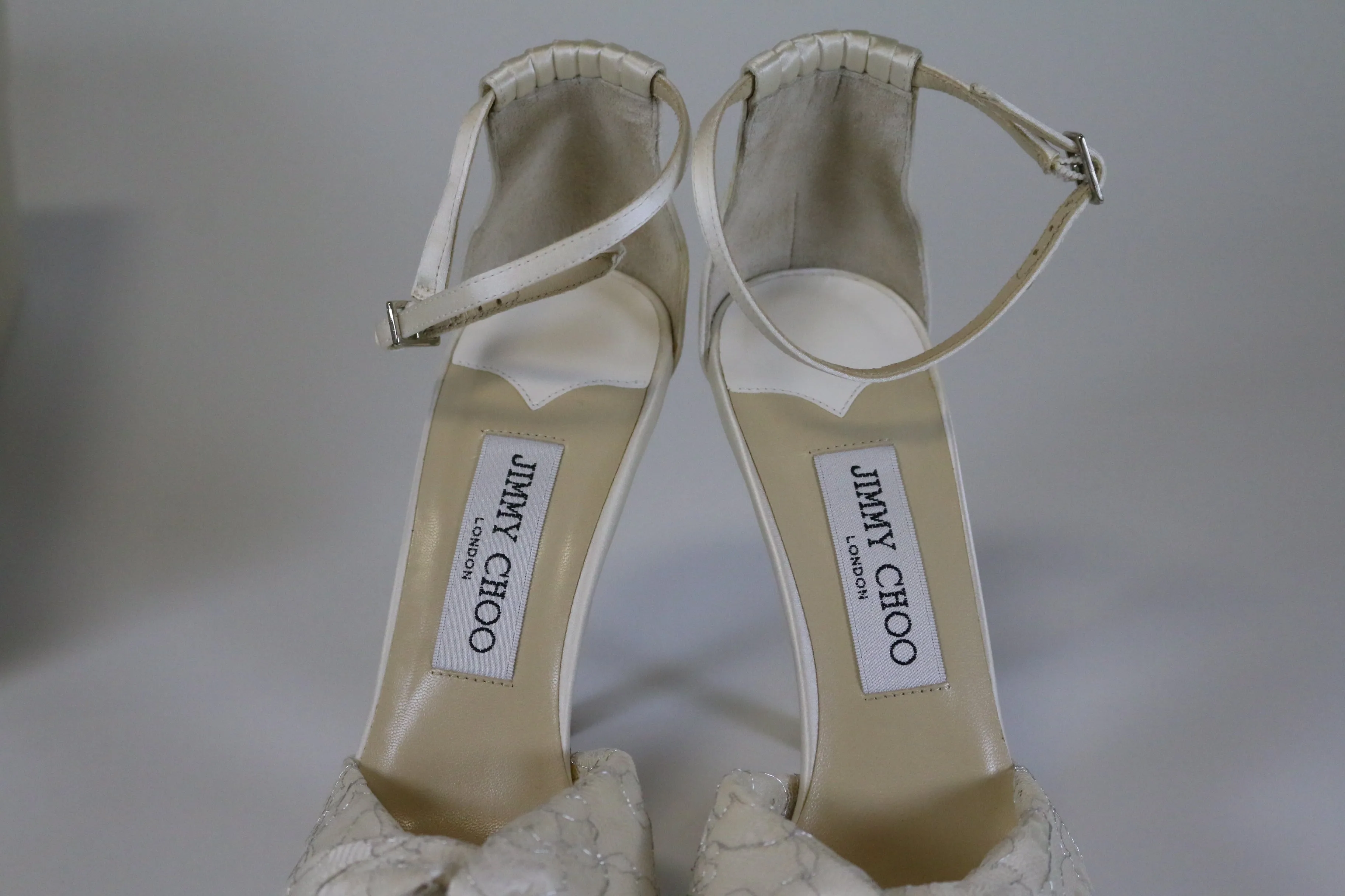 Jimmy Choo Macy Ivory/Silver Lace/Satin Heels