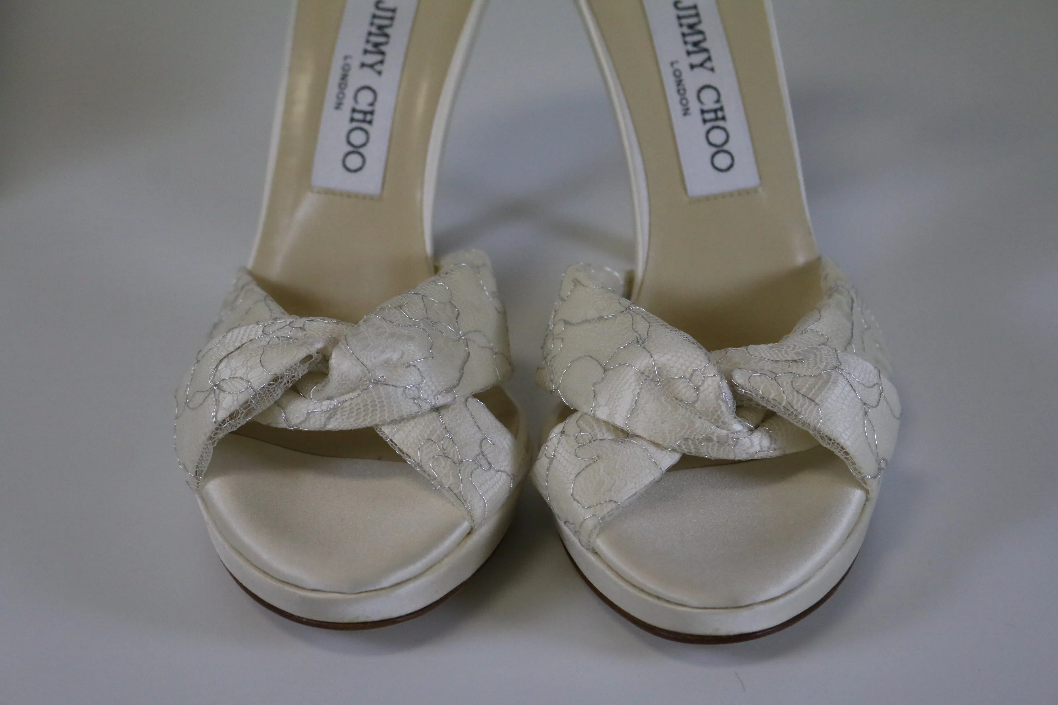 Jimmy Choo Macy Ivory/Silver Lace/Satin Heels