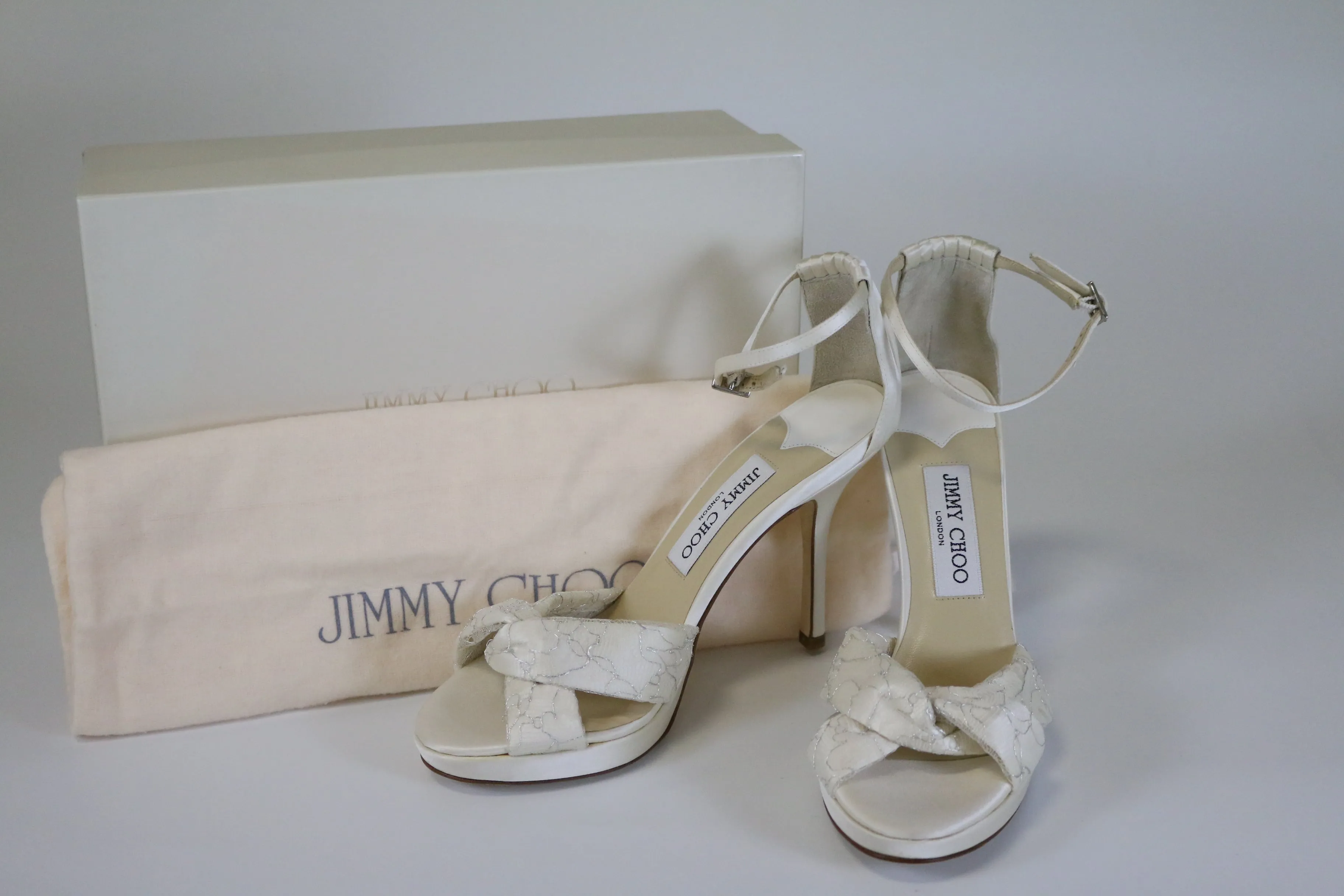 Jimmy Choo Macy Ivory/Silver Lace/Satin Heels