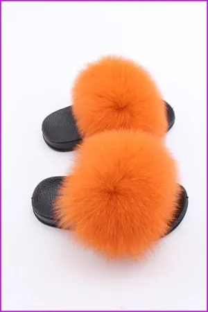 Kids Orange Fox Fur Sliders F003
