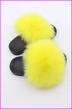 Kids Yellow Fox Fur Sliders F003