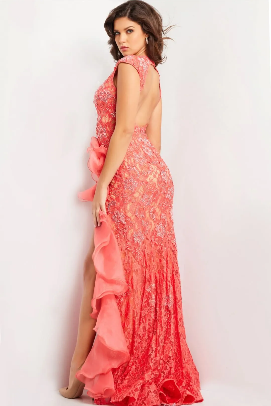 Lace Sleeveless Ruffled Slit Gown by Jovani 38668
