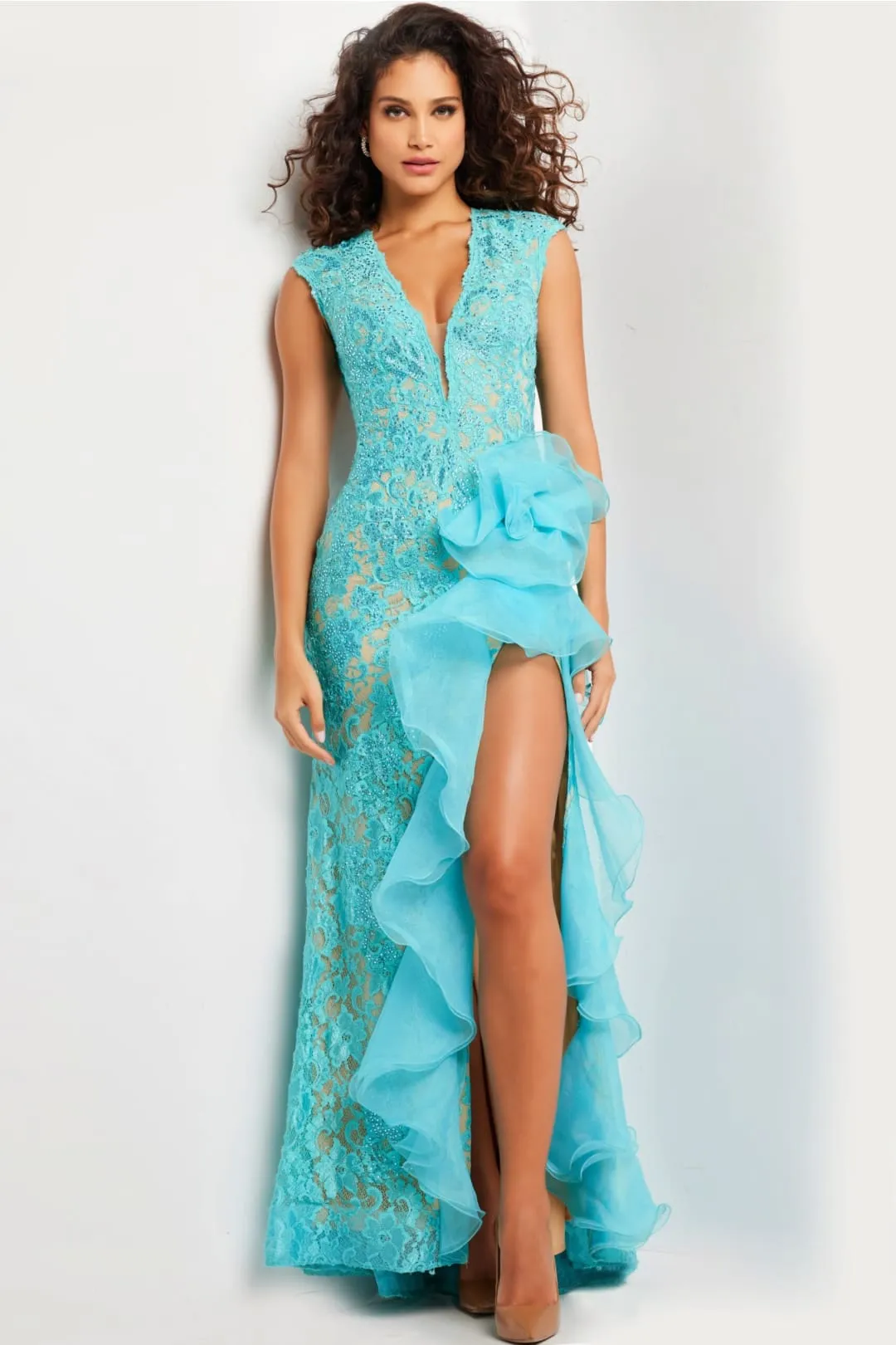 Lace Sleeveless Ruffled Slit Gown by Jovani 38668