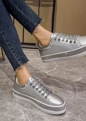 Leather Crystal Sneakers | Silver