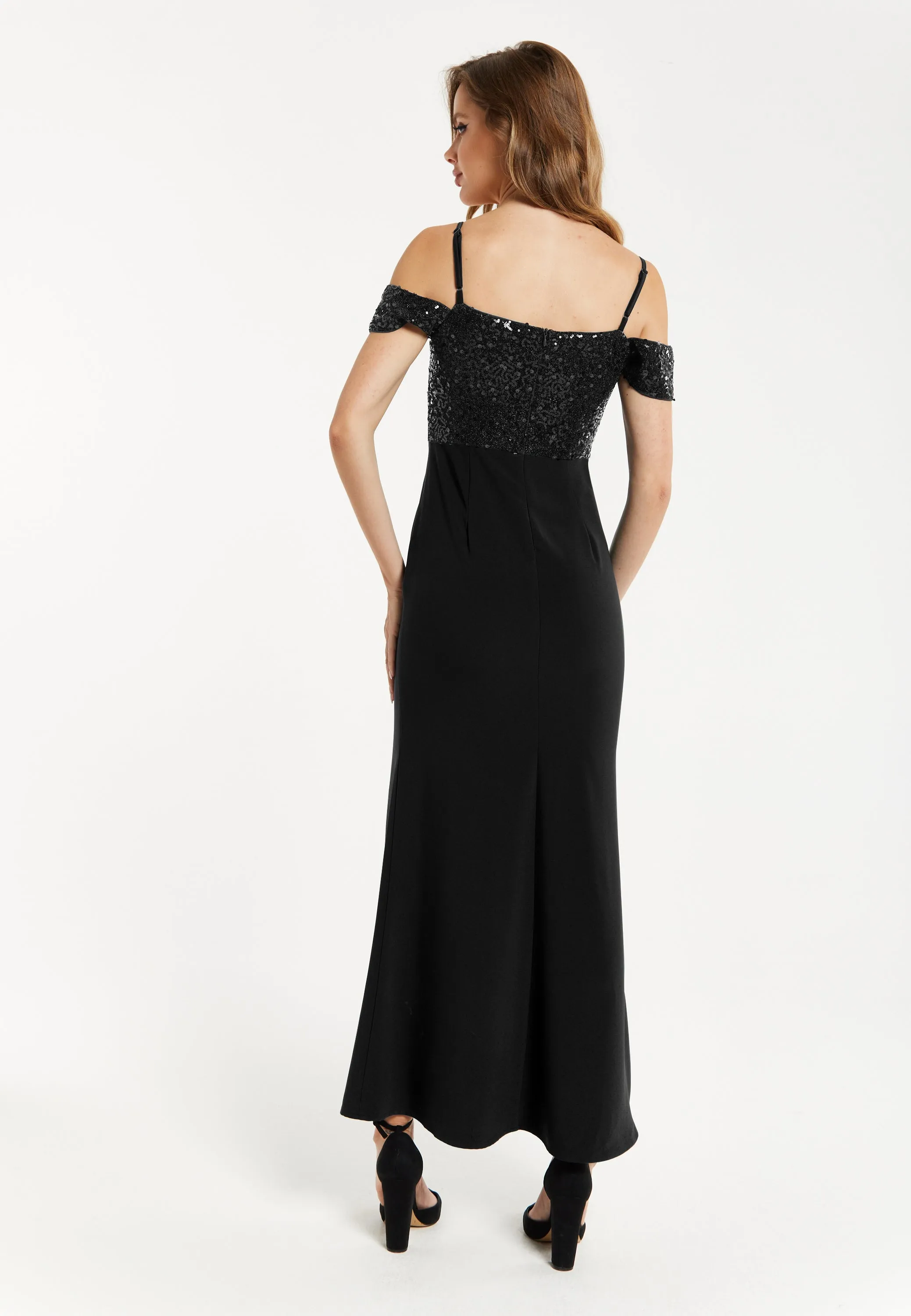 Liquorish Women's Maxi Dress in Black with Off-Shoulder Design, Thigh-High Slit & Sequin Detail