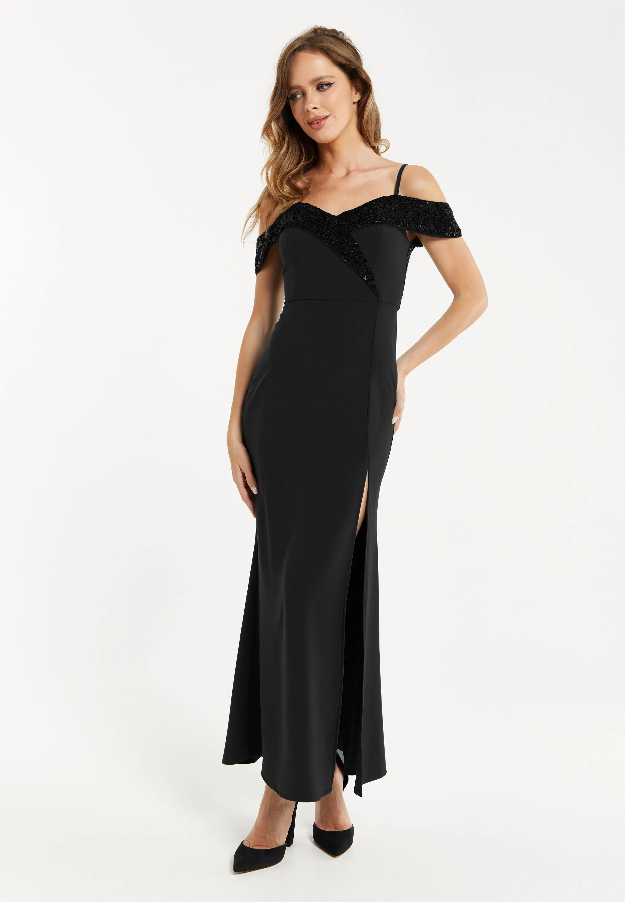 Liquorish Women's Maxi Dress in Black with Off-Shoulder Design, Thigh-High Slit & Sequin Detail