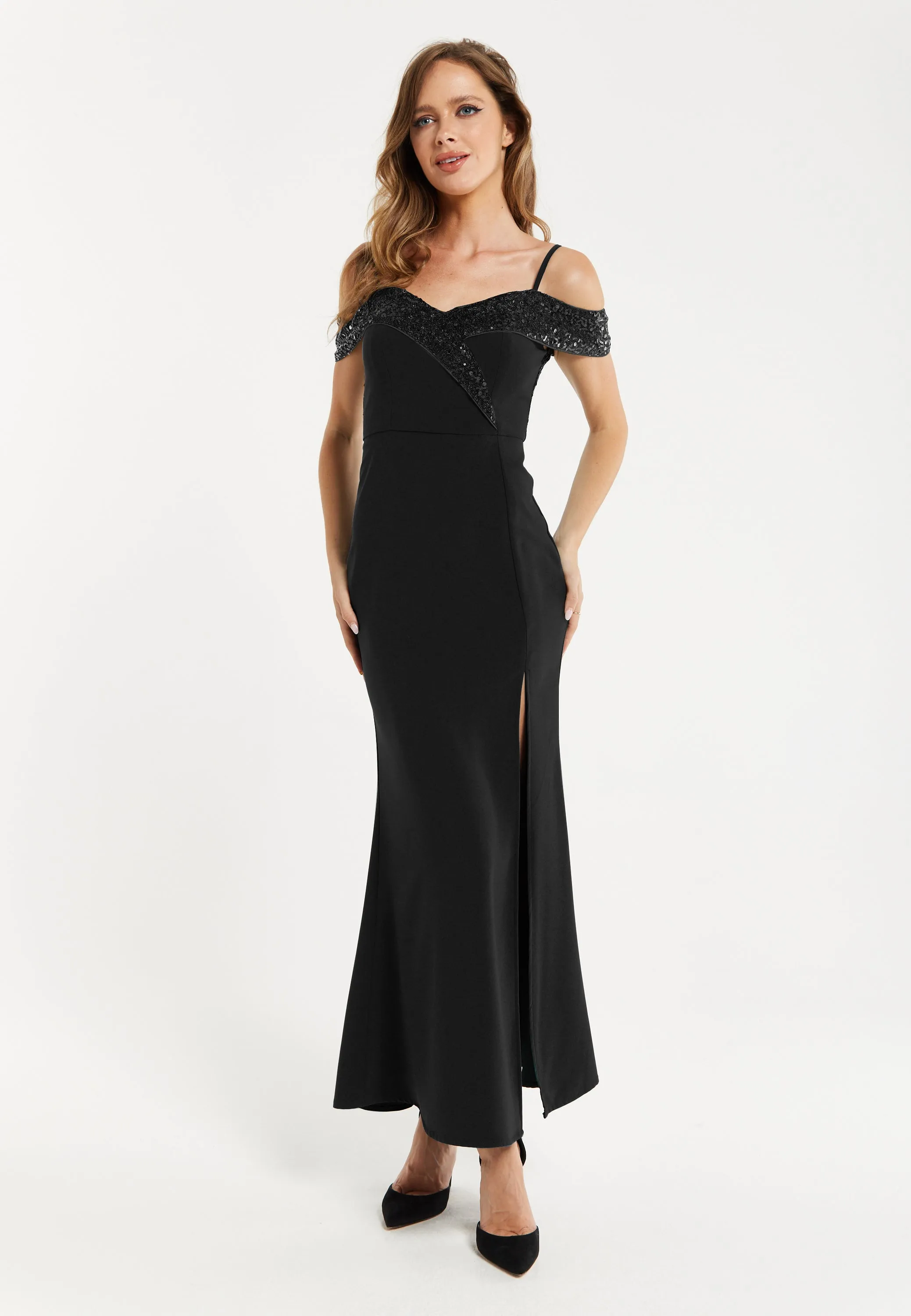 Liquorish Women's Maxi Dress in Black with Off-Shoulder Design, Thigh-High Slit & Sequin Detail