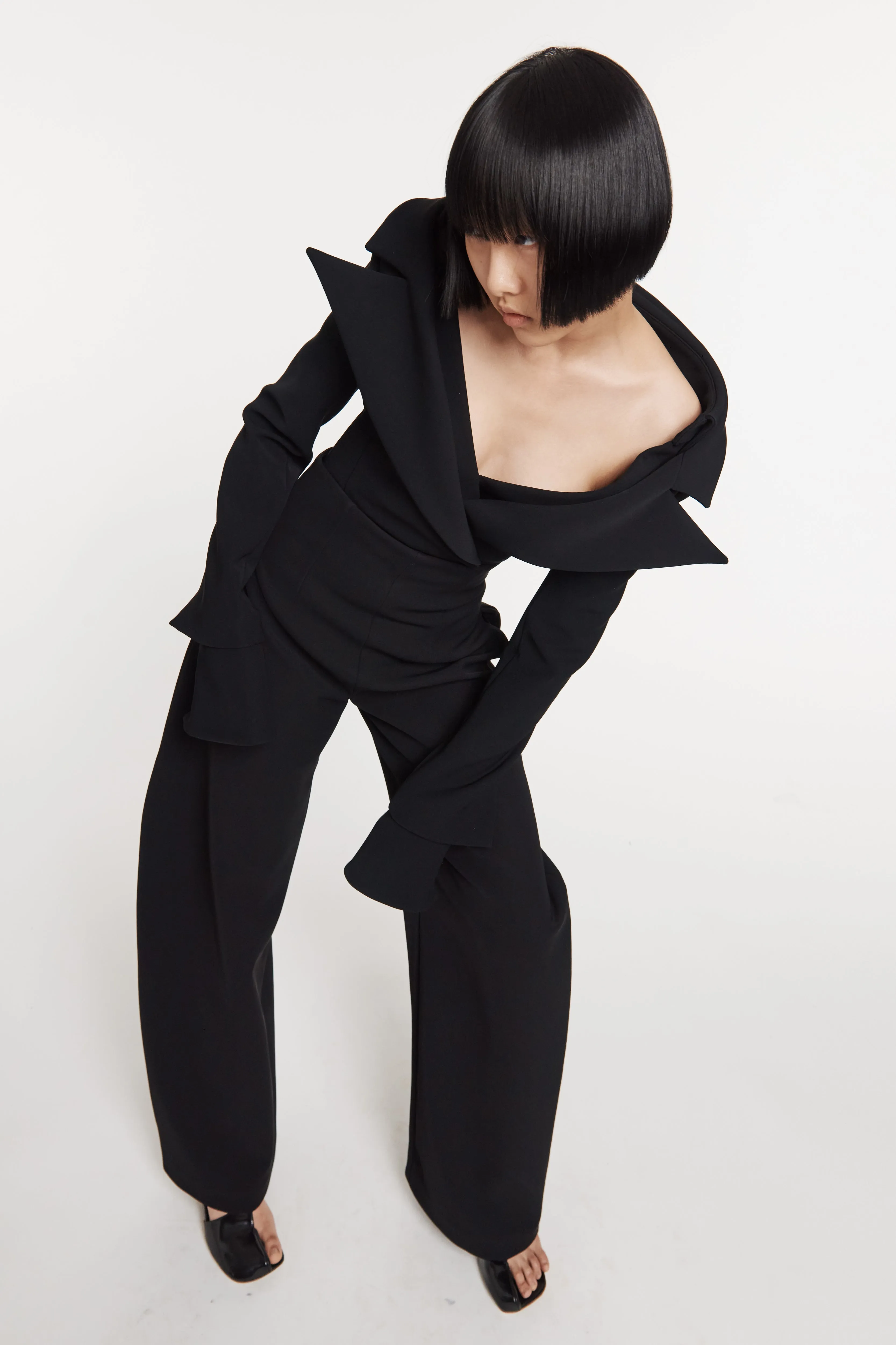 Low Cut Décolleté Bodysuit Shirting Detail Black