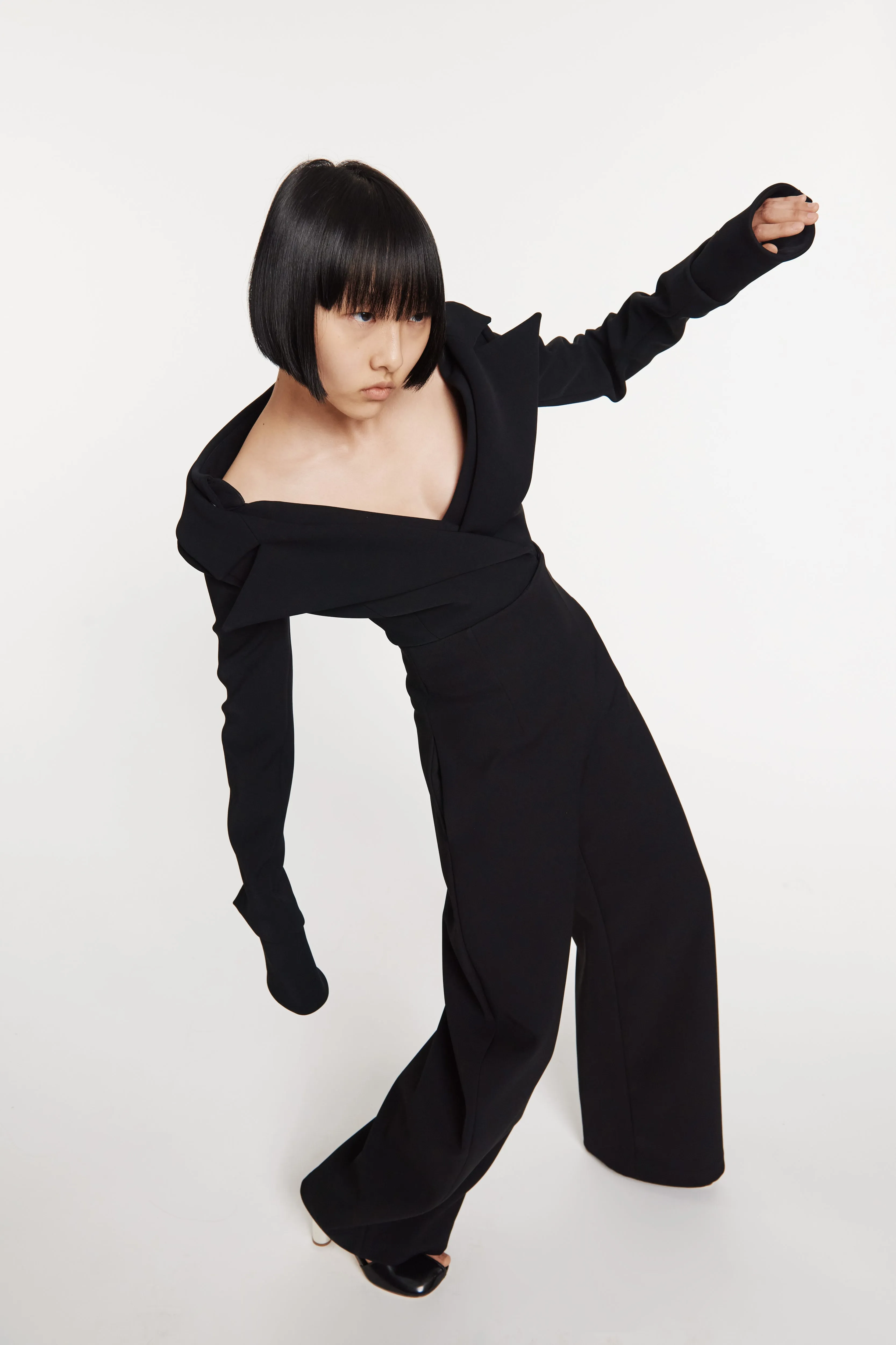 Low Cut Décolleté Bodysuit Shirting Detail Black