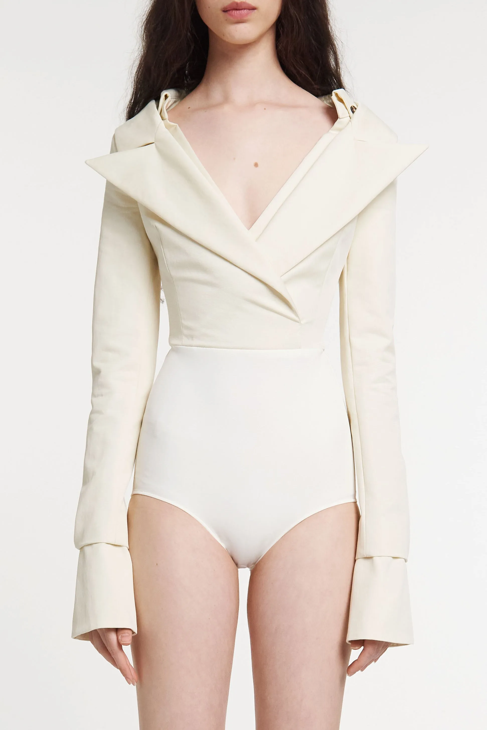 Low Cut Décolleté Bodysuit Shirting Detail Black