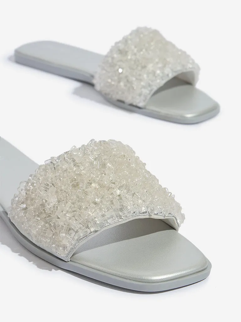 LUNA BLU Silver Crystal Embellished Slides