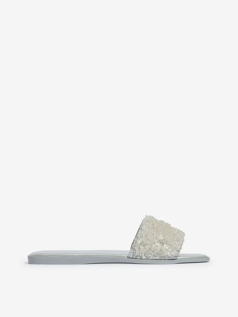 LUNA BLU Silver Crystal Embellished Slides