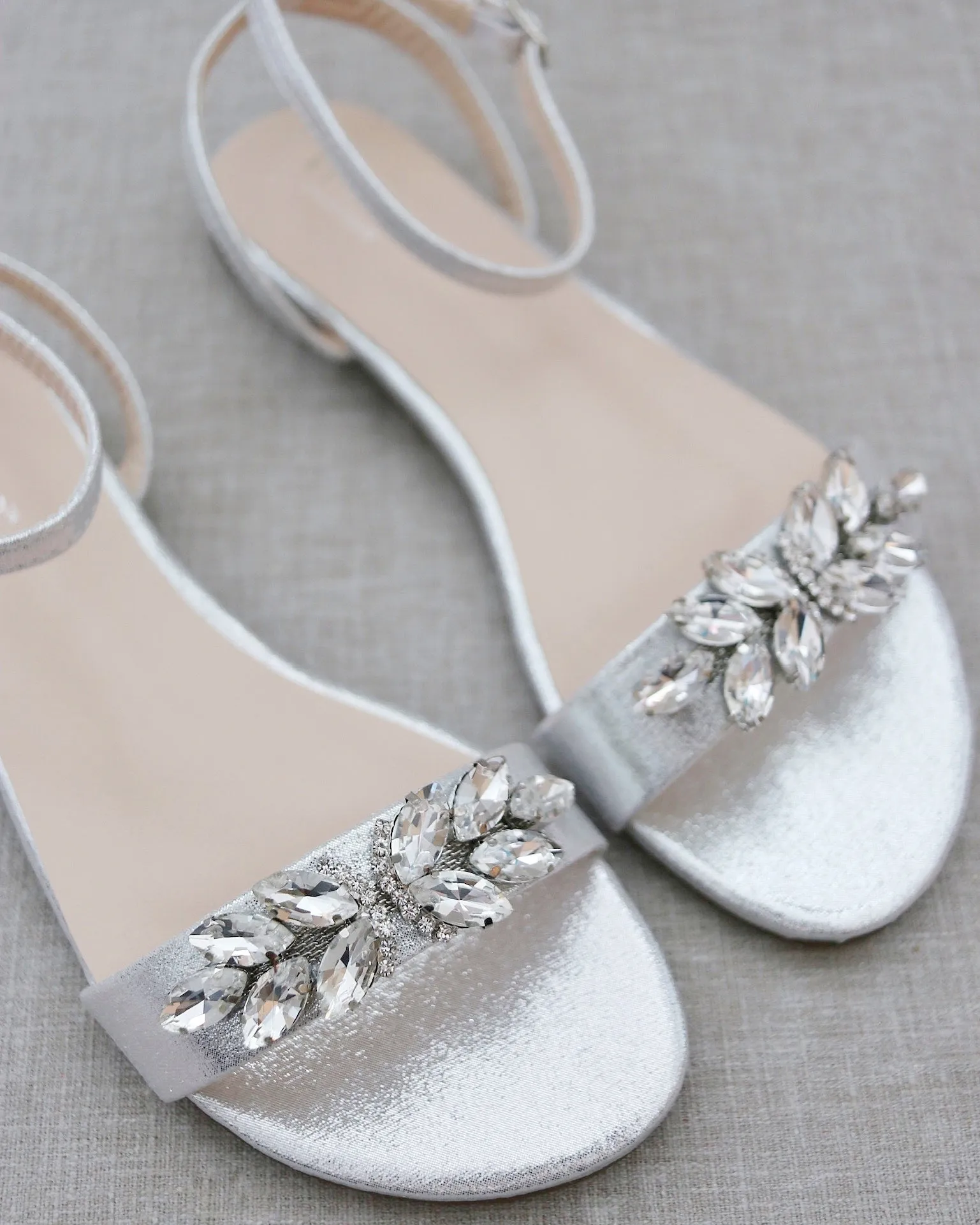 Metallic Flat Sandal with Butterfly Brooch and Ankle Strap
