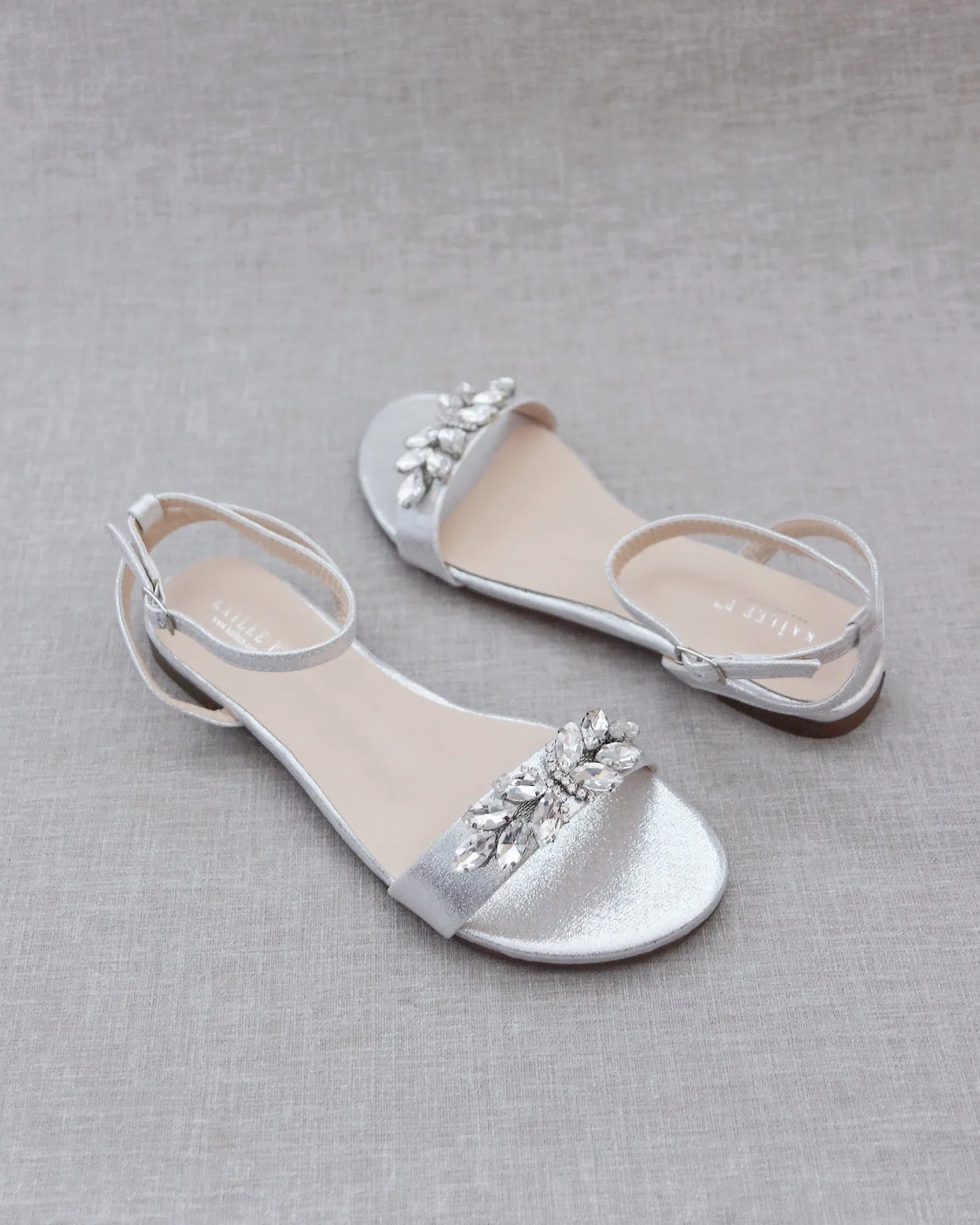 Metallic Flat Sandal with Butterfly Brooch and Ankle Strap