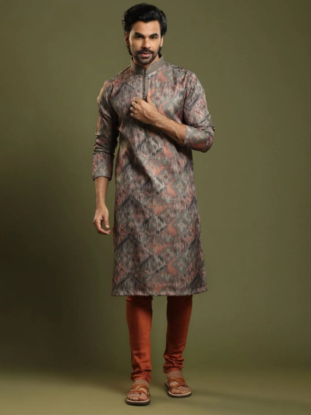 Moss Grey Ikkat Printed Blended Silk Kurta Set