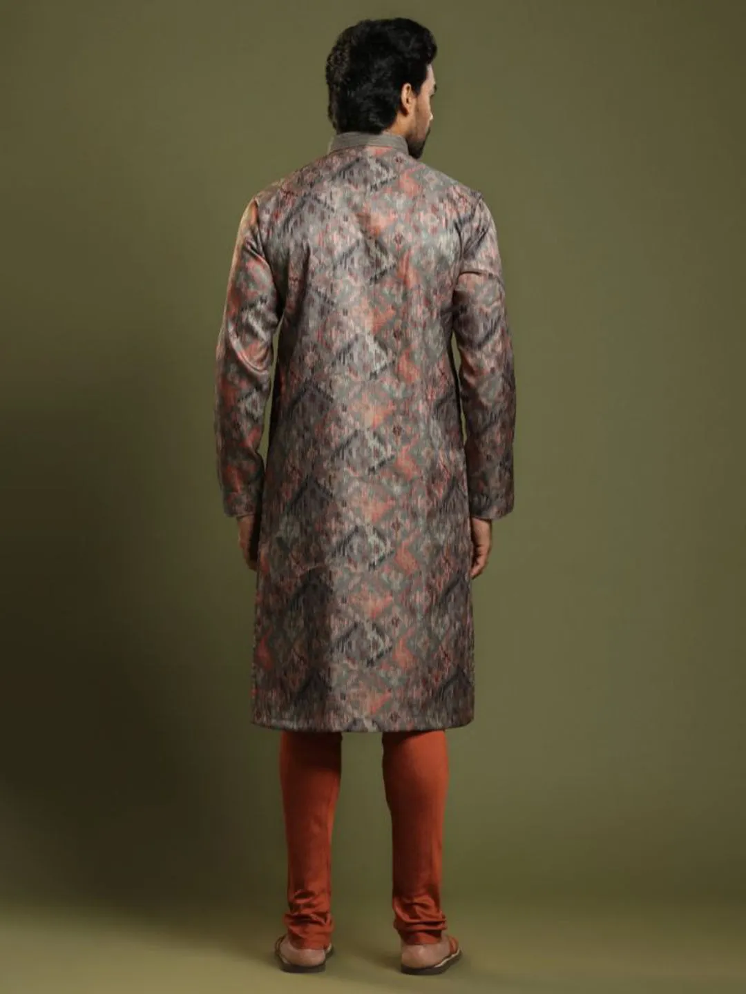 Moss Grey Ikkat Printed Blended Silk Kurta Set