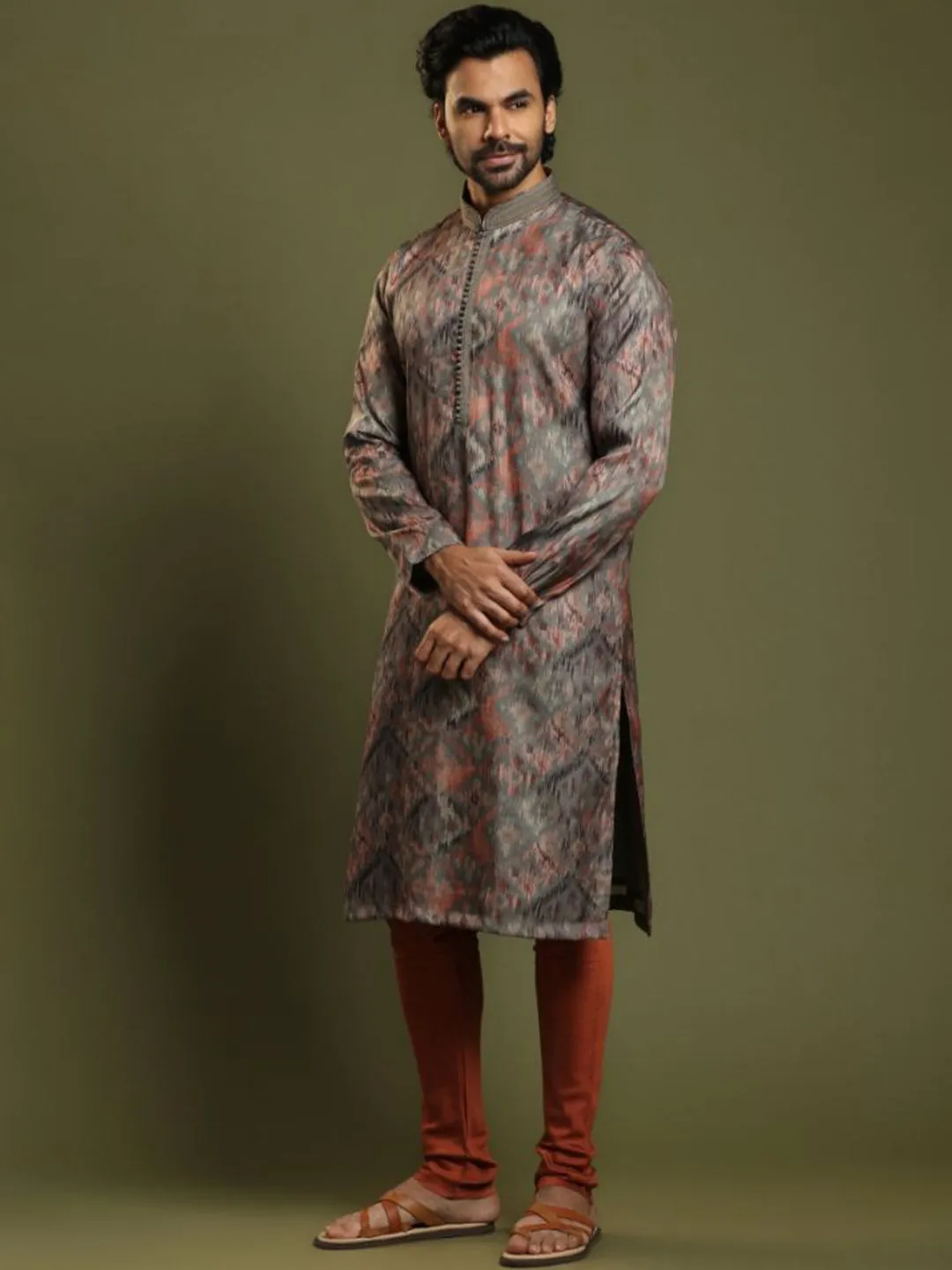 Moss Grey Ikkat Printed Blended Silk Kurta Set
