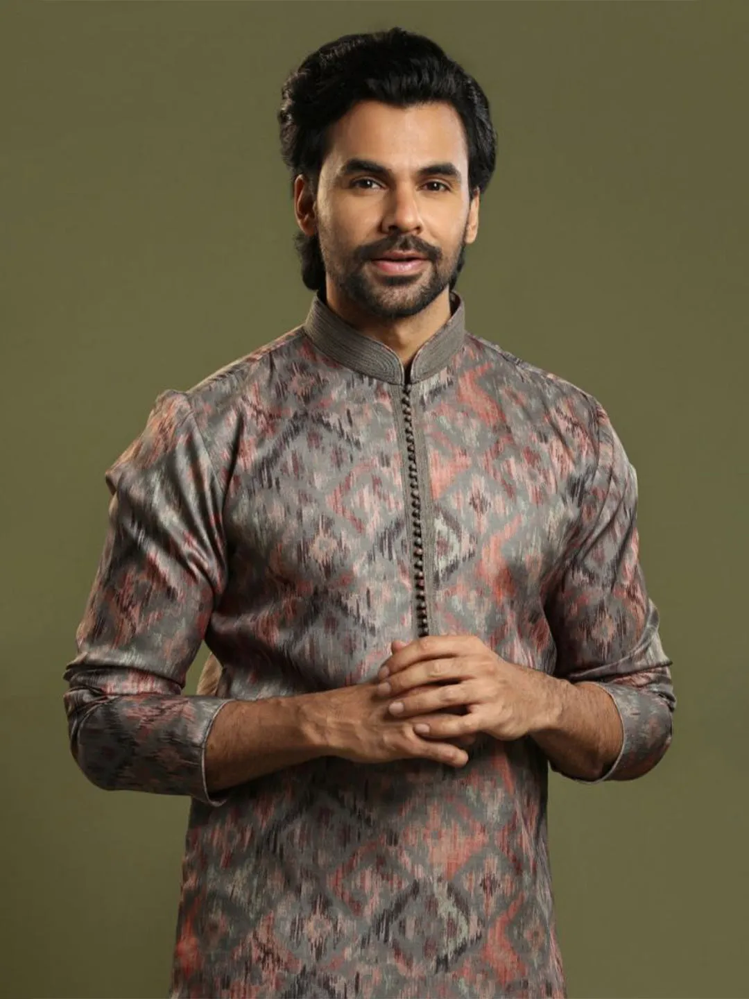 Moss Grey Ikkat Printed Blended Silk Kurta Set
