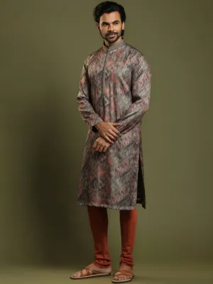 Moss Grey Ikkat Printed Blended Silk Kurta Set