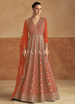 Orange Traditional Embroidery Festive Anarkali Gown