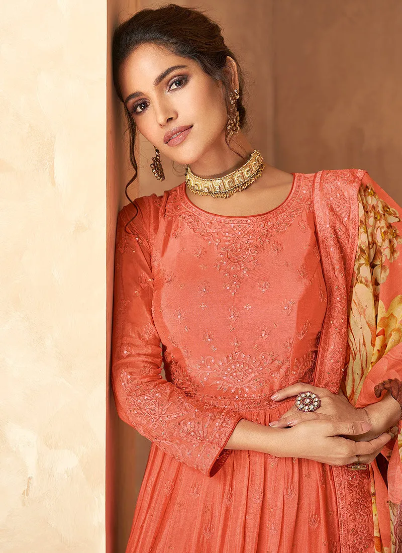 Peach Sequence Embroidered Sharara Suit