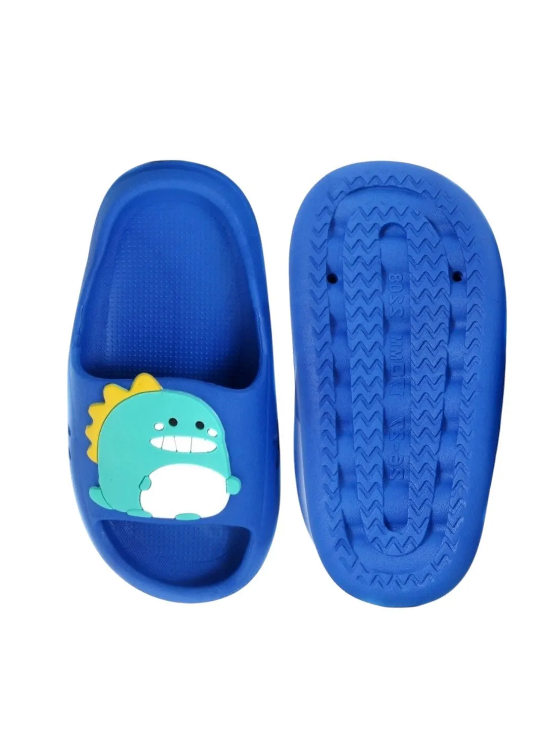 Playful Dino Applique Slides - Vibrant Blue