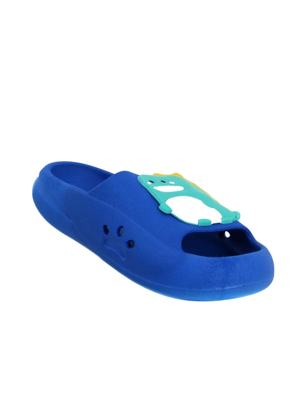 Playful Dino Applique Slides - Vibrant Blue