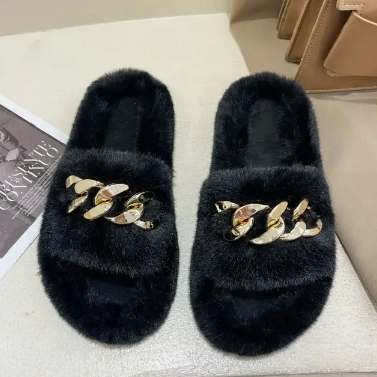 PLUSH CHAIN SLIPPER IN WHITE & BLACK OPTIONS