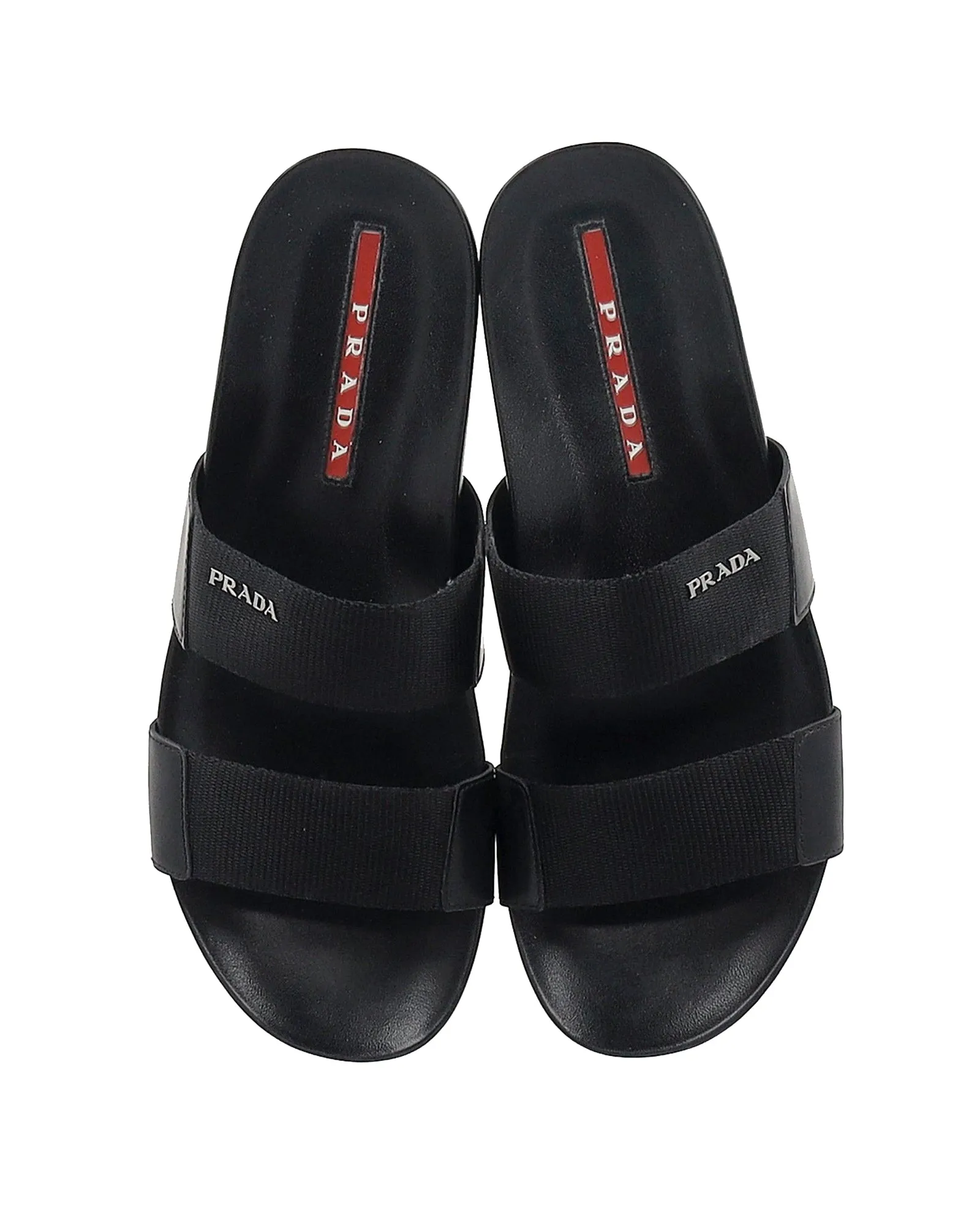 Prada Double Strap Slides in Black Nylon